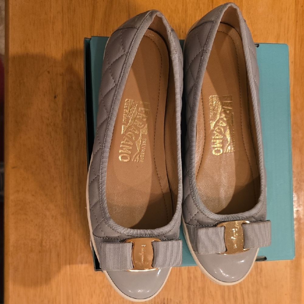 Gray Quilted Ballet Flats with Bow